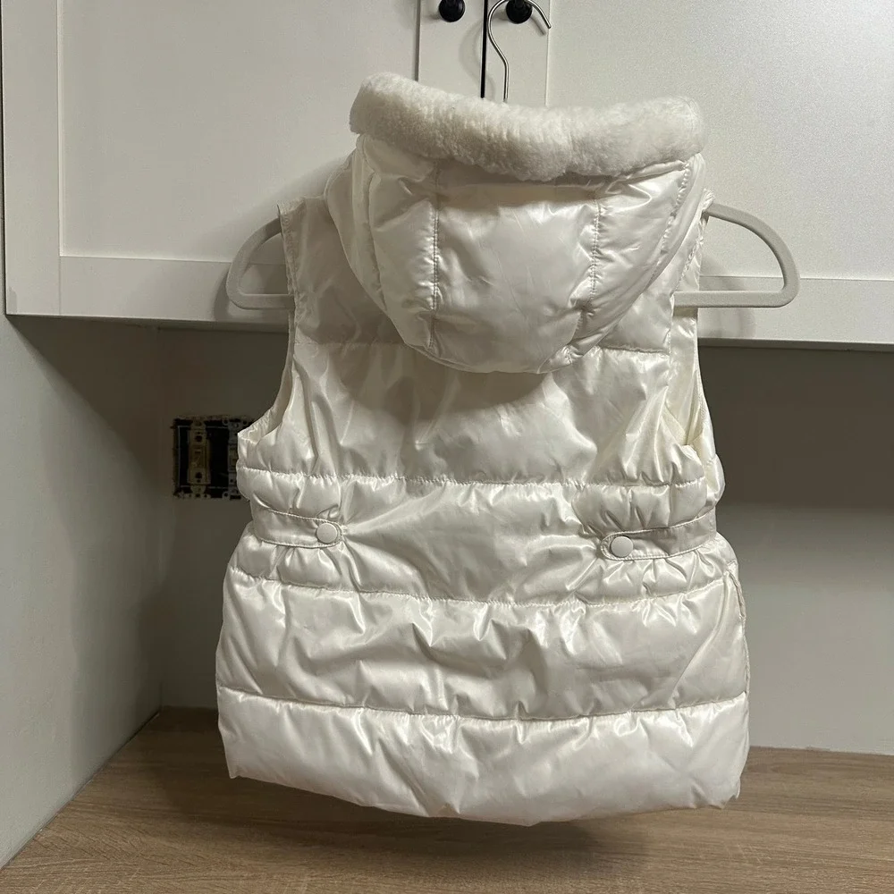 Gymboree Puffer Vest Girls 7-8 White Glossy Faux Fur‎ Hooded Sleeveless Jacket